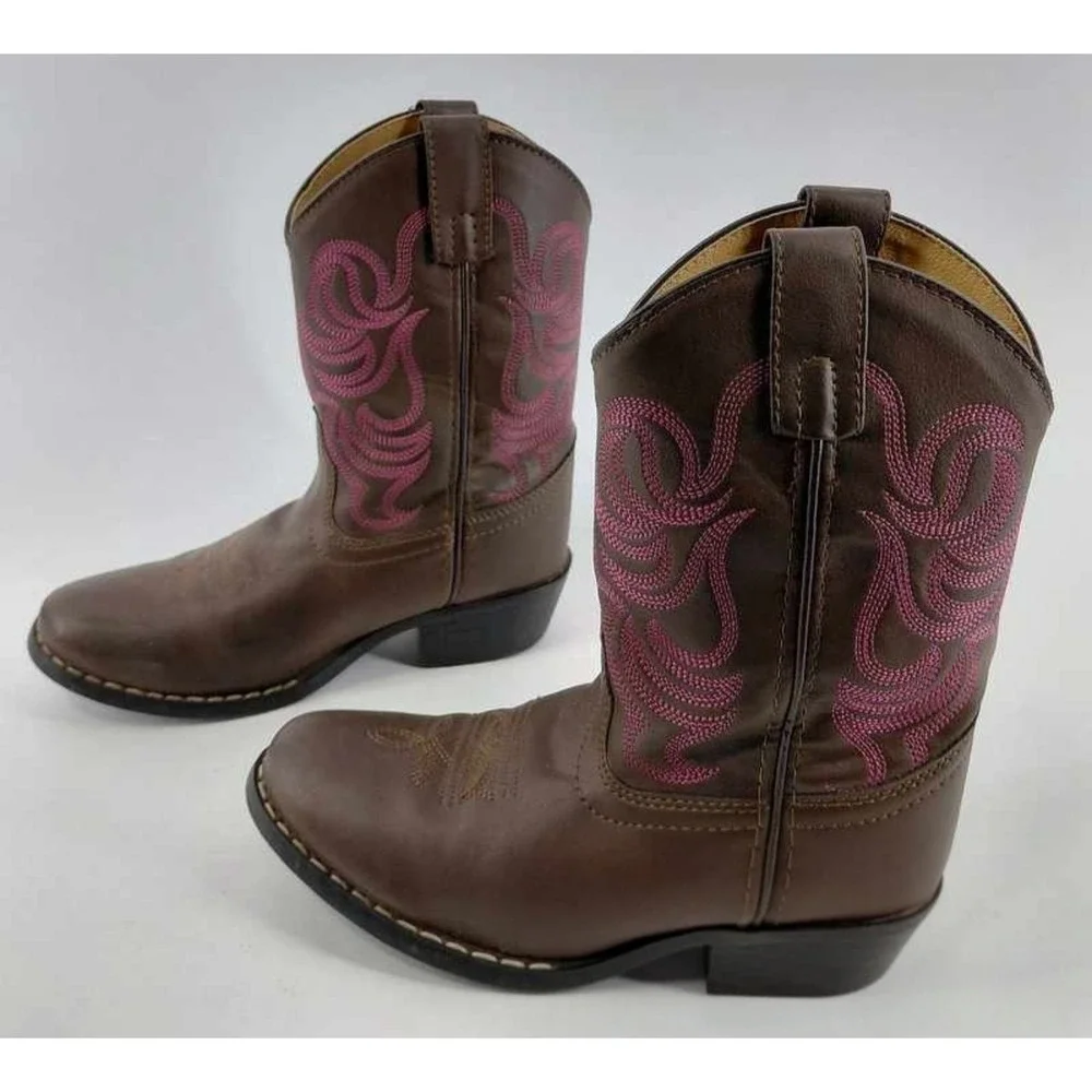 SMOKY MOUNTAIN BOOTS Youth Brown Leather Cowboy Boots Pink Stitch Size 2R
